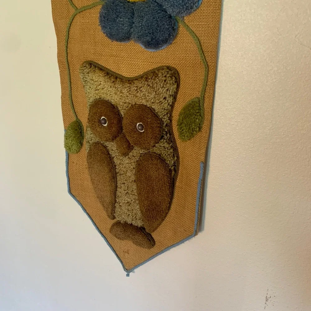 Owl Wall Hanging Vintage Punch‎ Needle Tufted Yarn Burlap Boho 70s Art 42x13